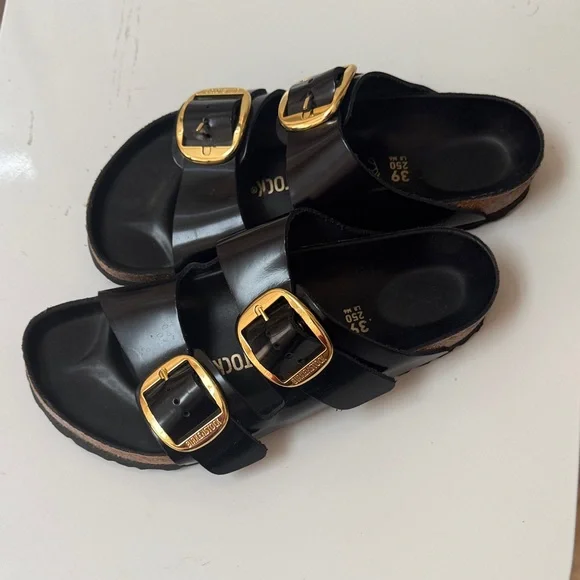 Birkenstock Black Slides with Gold Accents - Picture 2 of 4